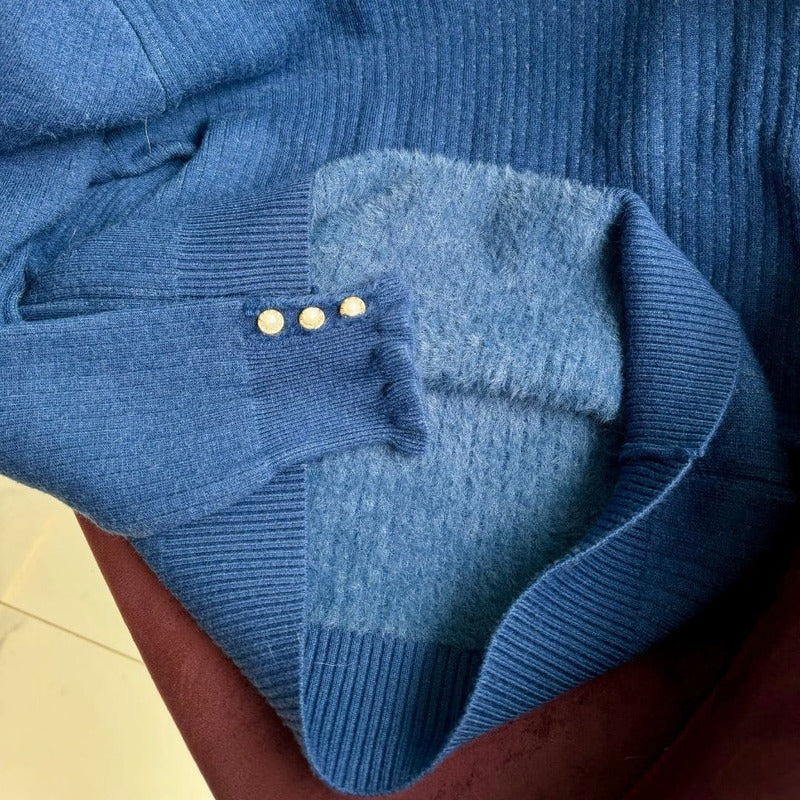 Pearl-Button Ribbed Cashmere-Blend Sweater